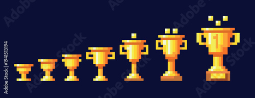 Pixel trophy cup animation. Golden cups game level win progress, retro video 8 bit arcade gaming winner awards player achievement reward golden trophies, neat vector illustration