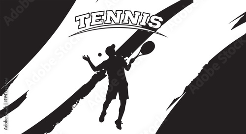 Professional Tennis Player Silhouette Vector Illustration, Dynamic Athlete Serving Ball in Action, Sport Competition Graphic Element on Abstract Brush Stroke Background, EPS Format Design Asset.