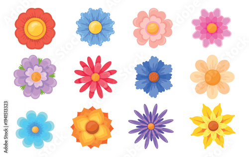 Abstract flowers top view. Spring flower geometric colorful petals floral isolated icon, cute blossom garden wildflowers different buds bouquet decoration, neat vector illustration