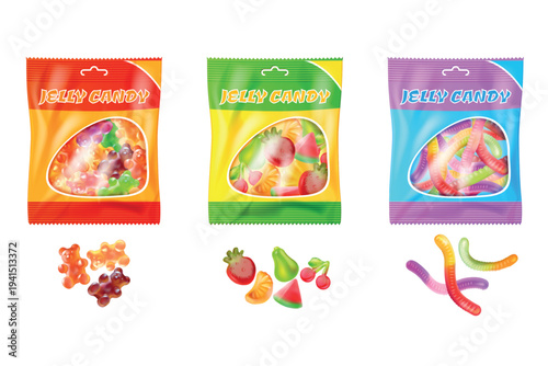 Jelly candy package. Gummy bear realistic pack snack sweet dessert marmalade sugar, fruit gum confectionery vitamin candies gelatin pouch wrapper box, 3d exact vector illustration