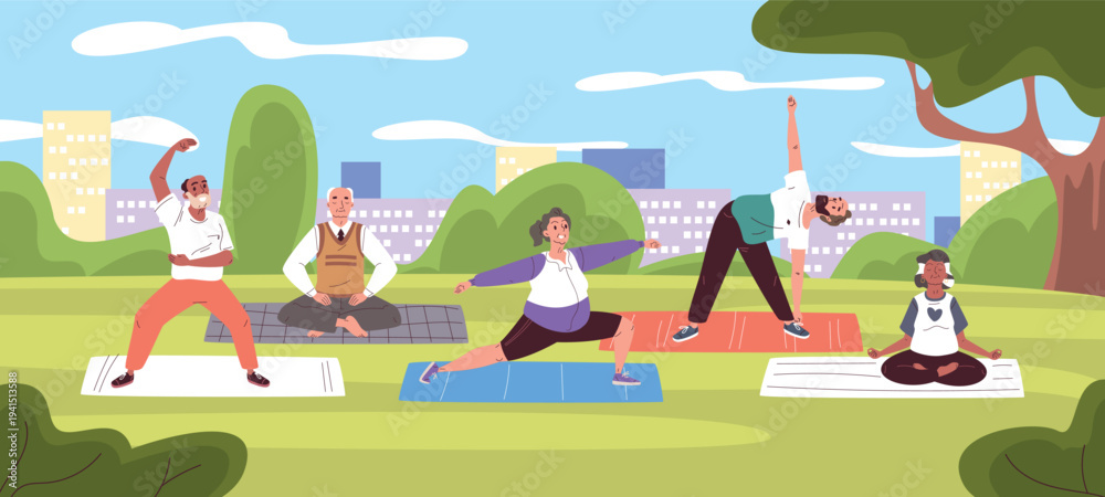 Fototapeta premium Seniors yoga park. Elderly people group meditation on nature, stretch physical exercise old age man woman sport activity retirement health wellbeing, classy vector illustration