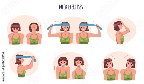 Neck exercises. Neck stretch exercise shoulder extension back pain relief, office break tilt turn rotation woman body head arm muscle physical posture, classy vector illustration
