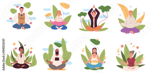 People yoga meditation. Calm characters meditate sitting in zen relaxation lotus pose, mental mind health body balance positive aura, peaceful man woman classy vector illustration