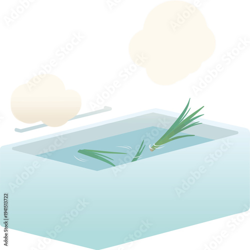 端午の節句の菖蒲湯（しょうぶ湯）菖蒲の葉の入った日本の伝統風呂 フラットベクターイラスト