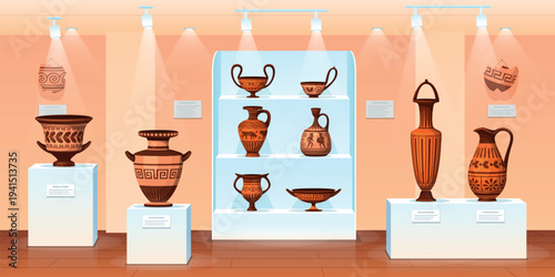Museum ancient pottery. History art gallery cartoon interior, antique greek vase roman jug handicraft pot artwork hall room archaeological pottery qualitative vector illustration