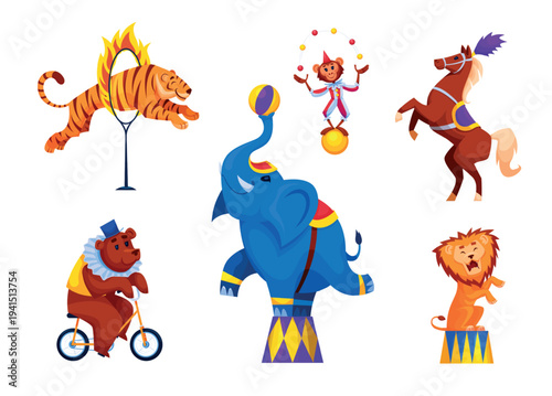 Cartoon circus animals. Carnival show animal, lion fire cute bear tiger fun elephant monkey acrobat clown ball juggler horse child birthday party qualitative vector illustration