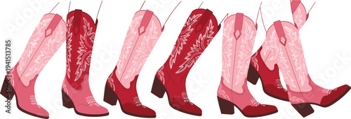 Cowgirl western boots set pink embroidered cowboy boots country fashion footwear vector illustration collection isolated design