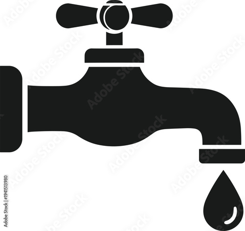 Black silhouette of a water faucet tap with a single falling droplet isolated on white background for plumbing and conservation,