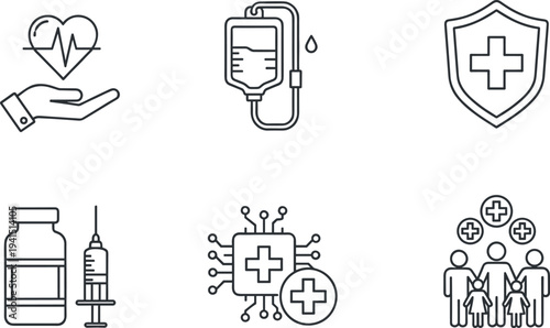 Healthcare and Medical Line Icon Set Featuring Heart Care, IV Drip, Health Shield, Vaccine Injection, Medical Technology, and Family Protection