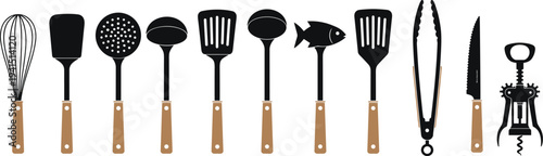 Kitchen utensils and cooking tools set including whisk spatula ladle tongs knife and corkscrew vector illustration