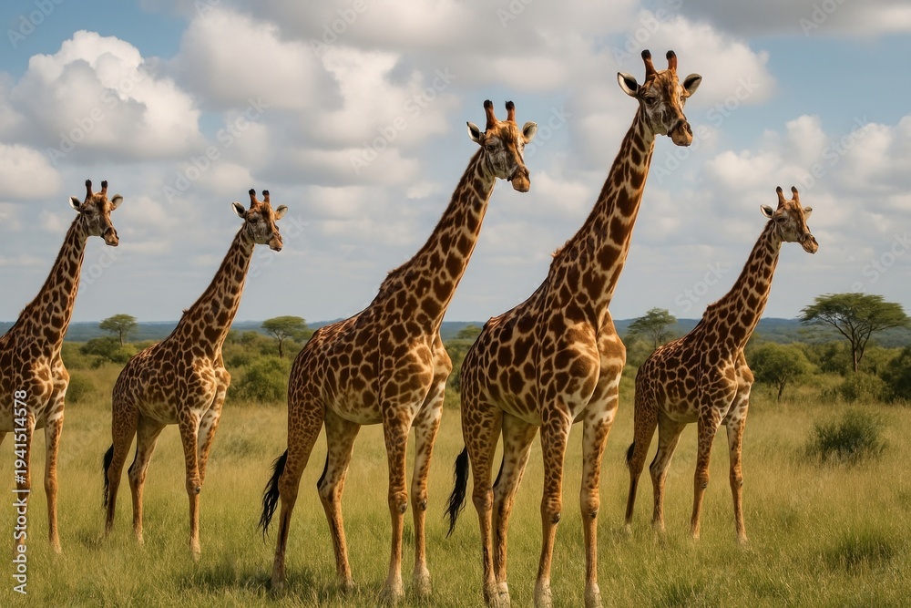 Obraz premium Giraffes standing in savannah landscape.