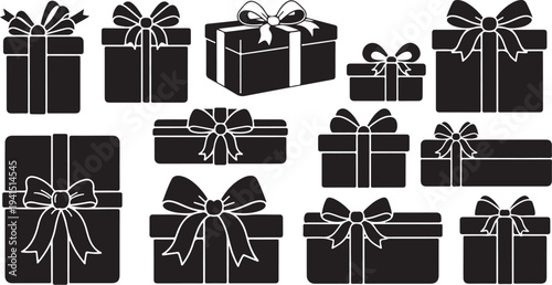Black and white gift boxes with ribbons and bows