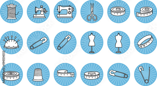 Sewing tools icons set with thread scissors sewing machine pins mannequin measuring tape tailoring equipment vector illustration