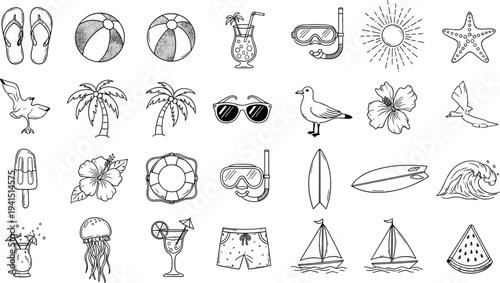 Collection of beach and summer icons featuring palm trees sunglasses sailboats cocktails surfboards and sea life for tropical vacation designs,