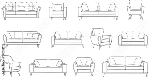 Sofa and armchair furniture line art set modern living room couch seating vector illustration collection isolated design