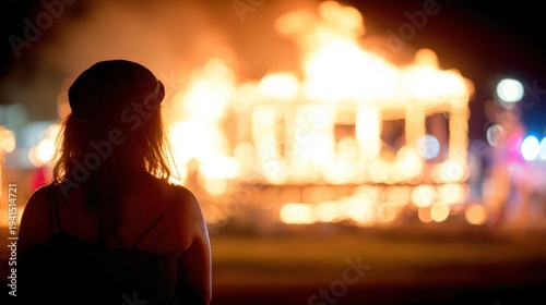 Woman watches large fire burning a building at night near a city street