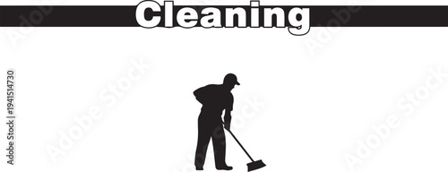 Professional Cleaning Service Silhouette Vector Icon, Janitor Mopping Floor with Broom, Housekeeping Maintenance Staff Graphic, Minimalist Worker EPS Design for Commercial Use, Sanitary Solutions.