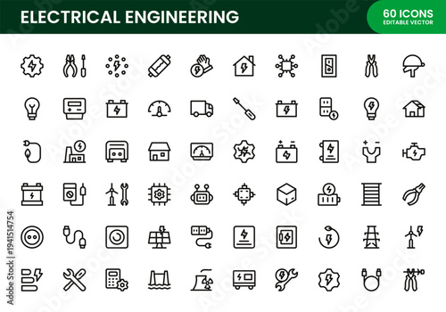 Electrical Engineering icon set. Electrical Engineering professional modern minimal line icon pack featuring circuits, power technology and voltage systems.