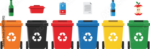 Waste sorting recycling bins set with plastic paper glass organic and metal trash containers vector illustration environmental concept