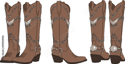 Western cowboy boots vector set, decorative leather country boots illustration, rustic fashion footwear collection isolated stylish rodeo design