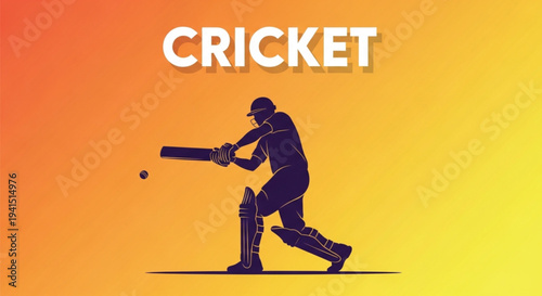 Cricket player silhouette illustration, professional batsman hitting the ball in dynamic pose, isolated vector graphic on orange gradient background for sports design, championship banner element.