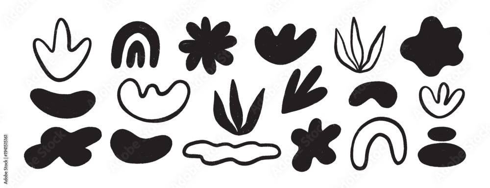 Fototapeta premium Crayon organic shapes set. Hand drawn black flowers, wave organic figures, rainbow forms. Vector illustrations on transparent background, elements for creative graphic projects and designs.