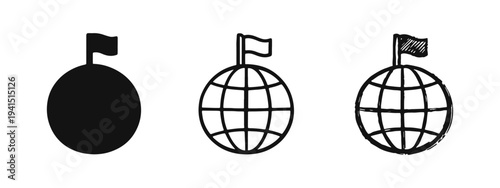 Global goal and discovery icon set with flag on top in solid, outline, and hand-drawn styles.