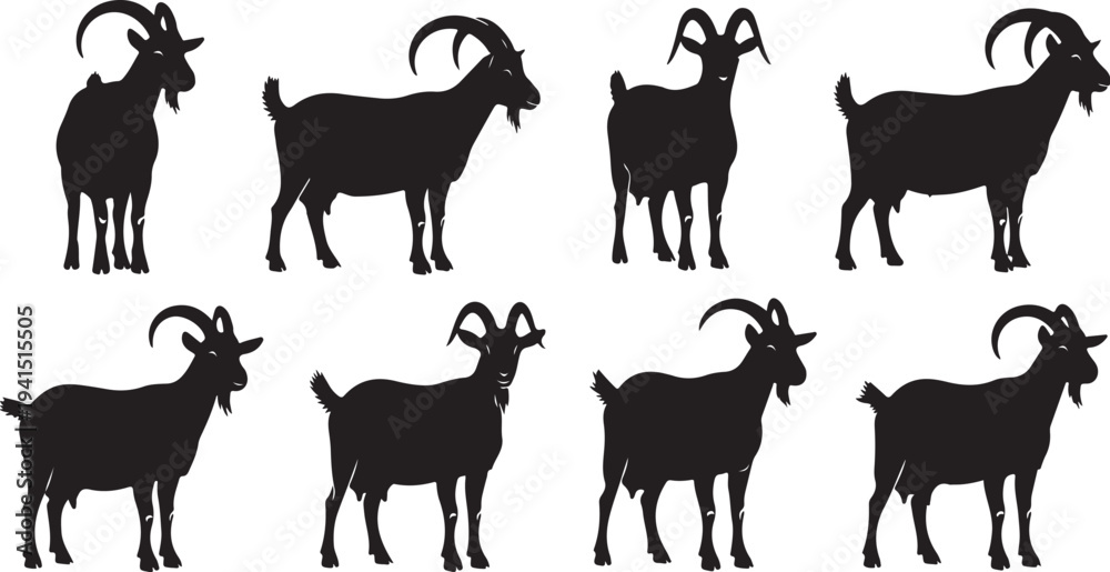 Fototapeta premium Black Silhouettes of Goats on White Background Illustration Set