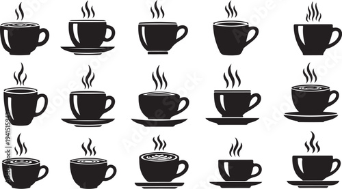 Black coffee cups with steam on white background pattern