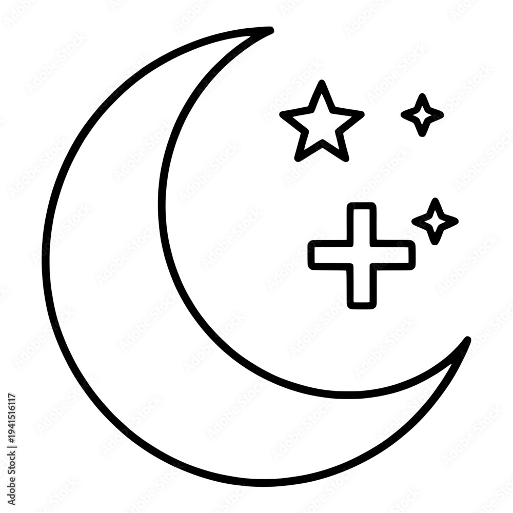 Fototapeta premium Outline Crescent Moon With Stars and Plus Symbol UI Icon for App UI