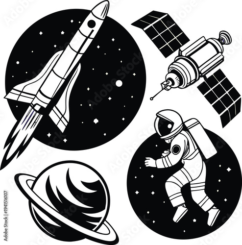 Space Exploration Vector Set with Rocket Ship Astronaut Satellite and Saturn Planet for Science and Galaxy Research