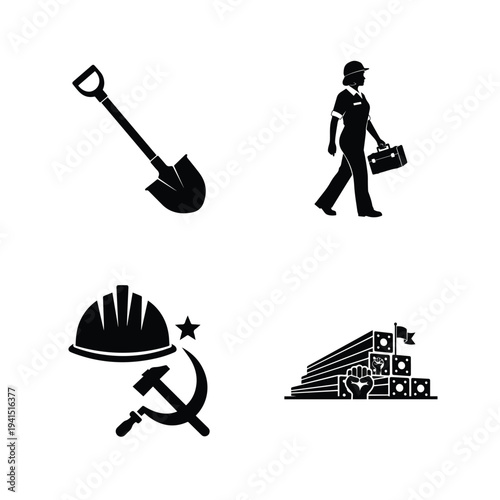 Black silhouettes of worker, shovel, helmet, and communist symbols