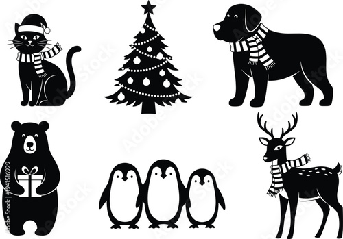 Collection of black silhouettes featuring Christmas cat dog bear reindeer and penguins with scarfs and decorated tree for holiday designs,