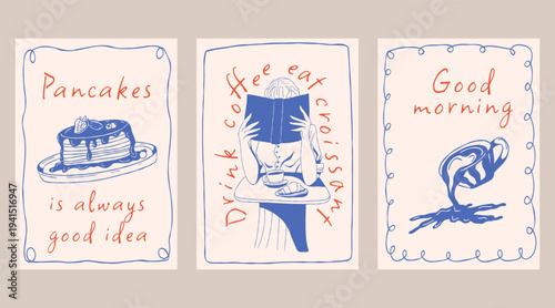 Good morning breakfast poster set with hand drawn illustration. Mediterranean blue line art collection with girl reading book, coffee, pancakes, text. La Dolce Vita print template for cafe, restaurant