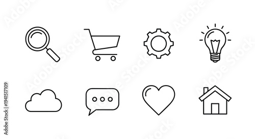 A collection of nine simple and elegant line icons representing various concepts and ideas.