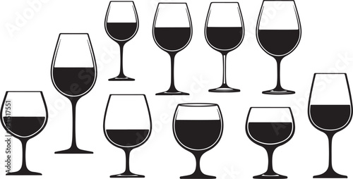 Illustration of multiple wine glasses with red wine inside