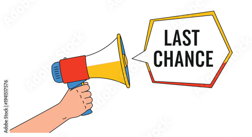 Cartoon illustration of a hand holding a megaphone with last chance text