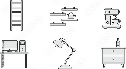 Home Furniture and Household Line Icon Set Featuring Ladder, Wall Shelves, Coffee Machine, Desk Computer, Lamp, and Cabinet