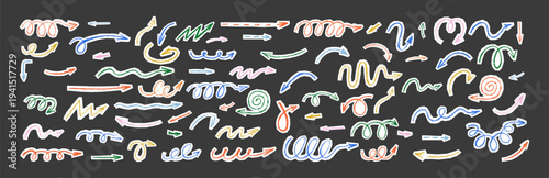 Hand-drawn arrow doodles in pastel crayon texture. Cute collage of playful shapes, circles and curves in pastel tones, perfect for creative scrapbook designs. Vector illustration.