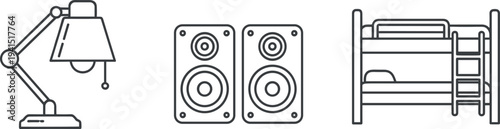 Home Furniture and Interior Line Icon Set Featuring Desk Lamp, Stereo Speakers, and Bunk Bed for Modern Household Design