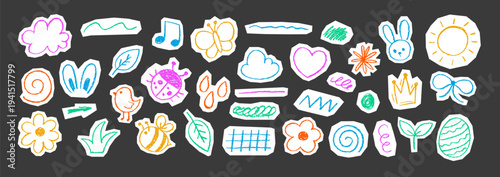 Chalk-drawn Easter collage featuring colorful eggs, flowers, and playful doodles. Crayon textures with hearts, chicks. Vector illustration.