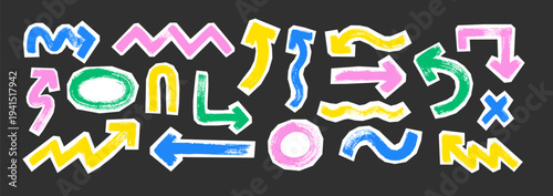 Drawn arrow collection featuring hand-painted brush strokes and marker textures. Vector set of rough lines, curves, and artistic elements for scrapbook design and collage work.