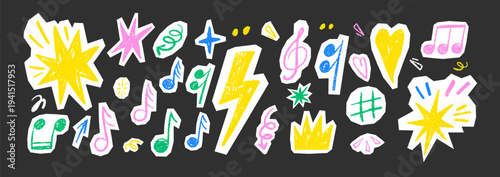 Hand-drawn music notes and rock elements with crayon texture. Punk doodle stickers featuring lightning bolts and hearts for scrapbook and collage project. Vector illustration.