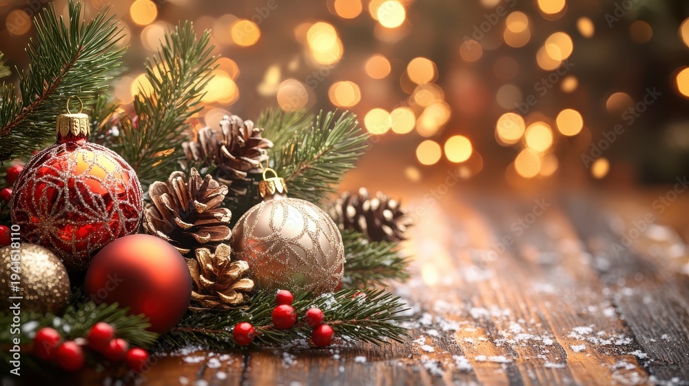 Obraz premium A close-up view of festive Christmas ornaments and pinecones on a wooden surface with warm, blurred holiday lights creating a cozy atmosphere.