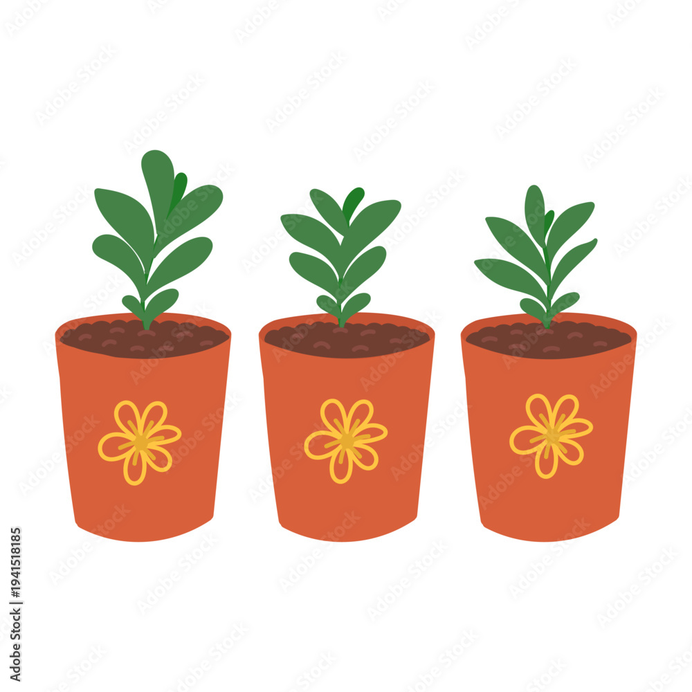Fototapeta premium Green plants in ceramic pots in flat cartoon design. Vector illustration