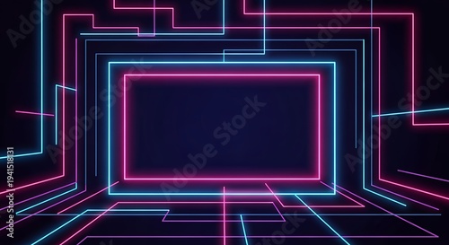 Geometric neon light corridor abstract background with glowing blue and pink lines creating a futuristic digital space for content
