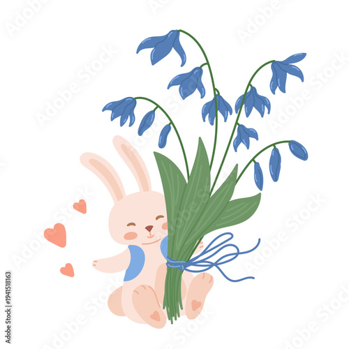 Cute bunny holding bluebells bouquet in flat cartoon design. Easter rabbit giving spring  blue scilla flowers. Lovely hare with seasonal floral gift with ribbon bow. Vector illustration isolated.