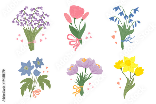 Cute spring flower bouquets set in flat cartoon design. Gentle hyacinths, tulips, bluebells, anemones, crocus, narcissus with stems and leaves. Floral gifts from garden.Vector illustration isolated.