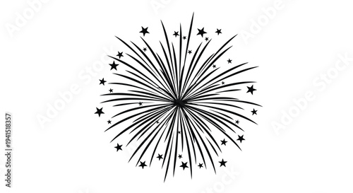 Black and white illustration of a firework explosion with radiating starburst pattern
