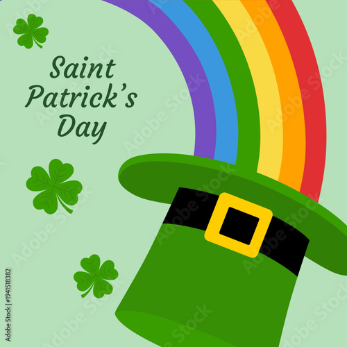Saint Patrick's Day poster. Lucky holiday banner, greeting card, wall art. Vector illustration of green hat, shamrock and rainbow. Ireland lucky holiday